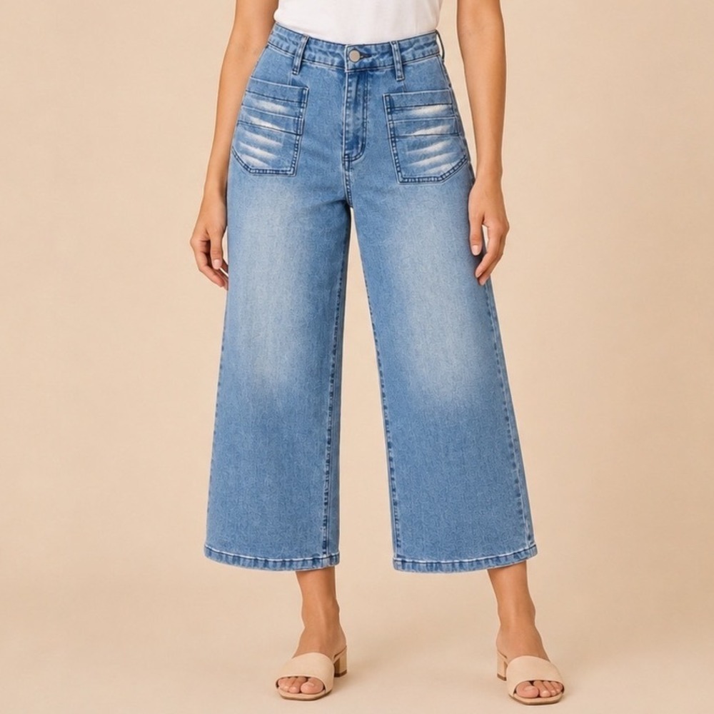 Yoeasy Wide Leg Jeans Women Size L Light Wash Blue High Waisted Cropped Denim